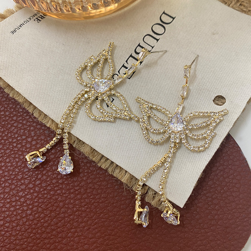 Crystal butterfly earrings, high-end tassel long earrings, Qingdao foreign trade ear accessories, European and American temperament, light luxury earrings