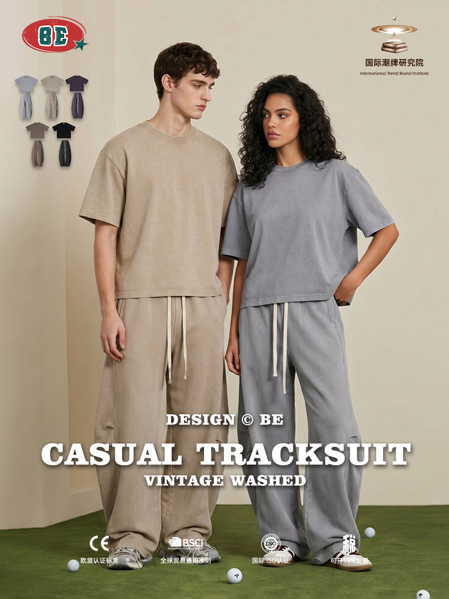 Be Hombres| Retro americano lavado en agua camiseta de mangas cortas cimetiera pantalones rectos BOXY dos piezas para hacer viejo conjunto casual