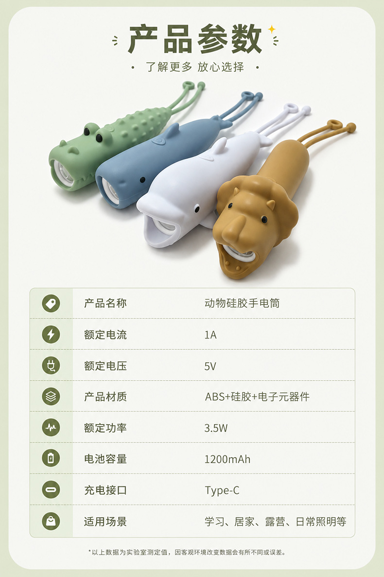 Creative Animal Silicone Flashlight USB Rechargeable Portable Children's Cartoon Cute Design Two-Mode Handheld Light