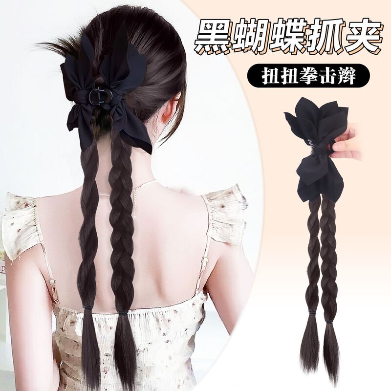 Shake voice live supply wig women's black bow grab clip three-strand braid simulation long hair twisted ponytail wholesale