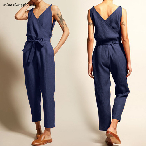Women's Casual V-Neck Belted Combo: Extra Large Women's Pants with Elegant Workwear One-Piece Suit