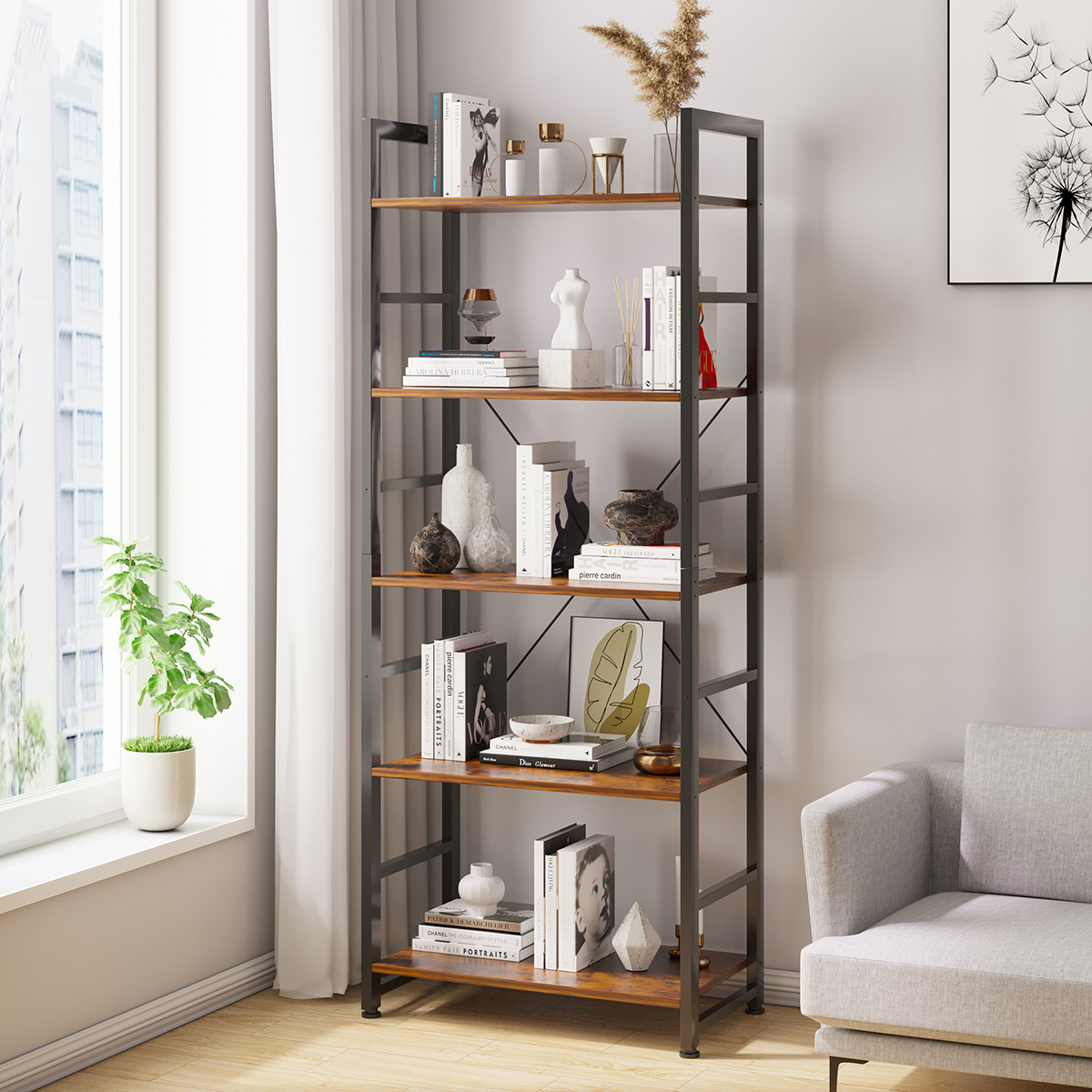 Mingzheng Furniture Factory Foreign Trade Dz Scandinavian Bookshelf Storage Rack Solid Wood Floor-Standing Bookcase Casual Home Five-Layer Bookshelf Simple