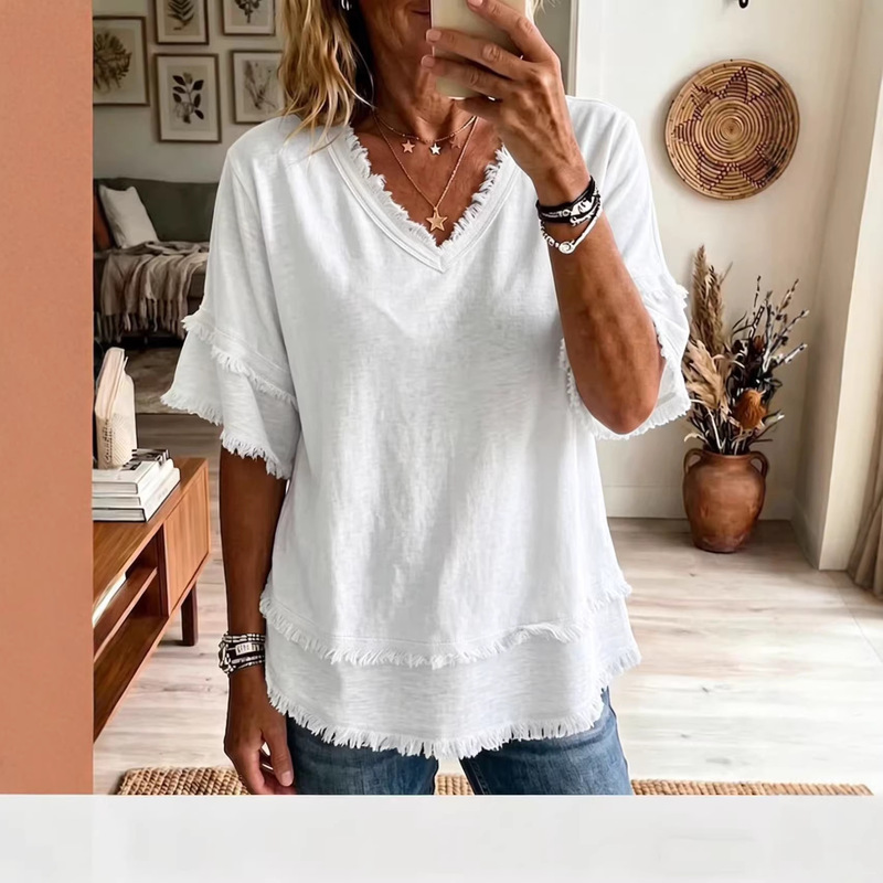 2026 New Amazon European and American Cross-Border V-Neck Pullover Short-Sleeved Loose-Fitting Women's Shirt Casual Women's Top 2026 New Amazon European and American Cross-Border V-Neck Pullover Short-Sleeved Loose-Fitting Women's Shirt Casual Women's Top