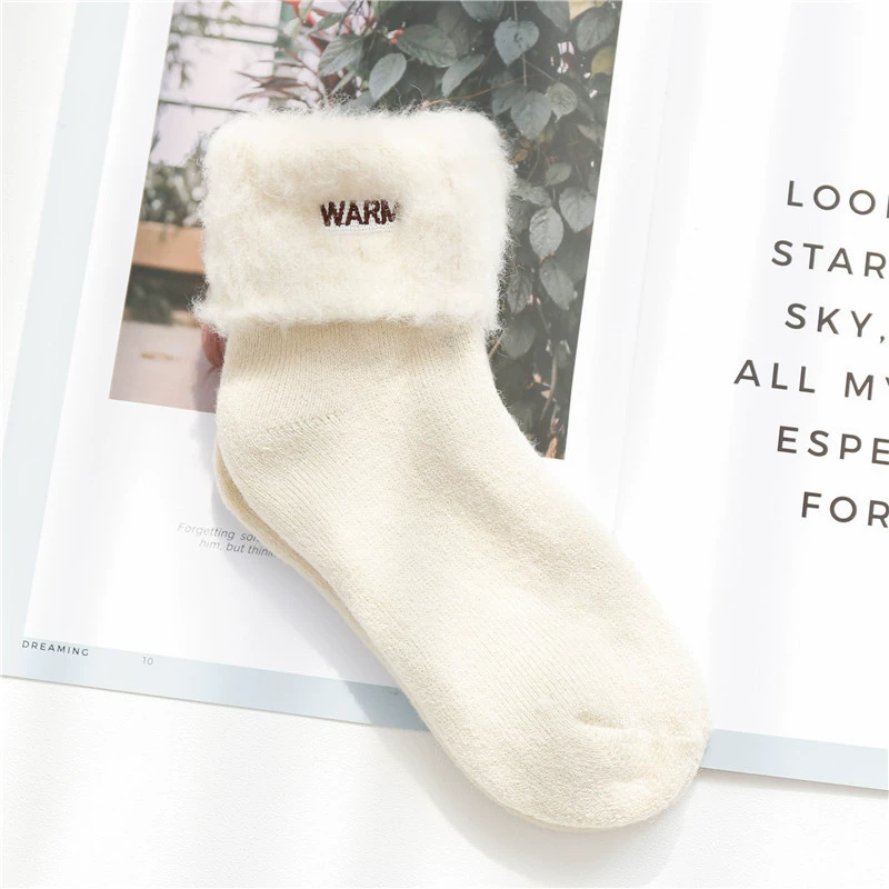 Warm knee socks with plush fur cuff and embroidery, mid-length, assorted colors