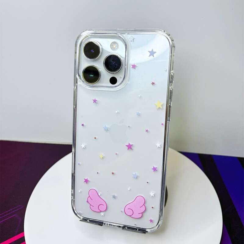 Creative Star-Filled iPhone 17 Pro Max Phone Case, Simple and Suitable for 16 Pro, Pink Wings, iPhone 15/13
