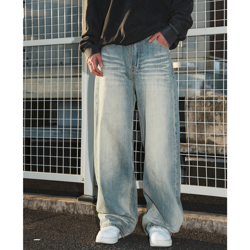 Three-Dimensional Whiskered Washed Versatile Casual Jeans, New Autumn American-Style Trendy Brand Straight Loose Fit Long Pants Q