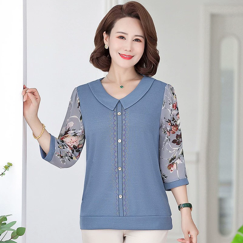 Базовая рубашка для женщин среднего и пожилого возраста, футболка с семью рукавами для матерей среднего возраста, свободная рубашка в западном стиле больших размеров, модная весенняя одежда