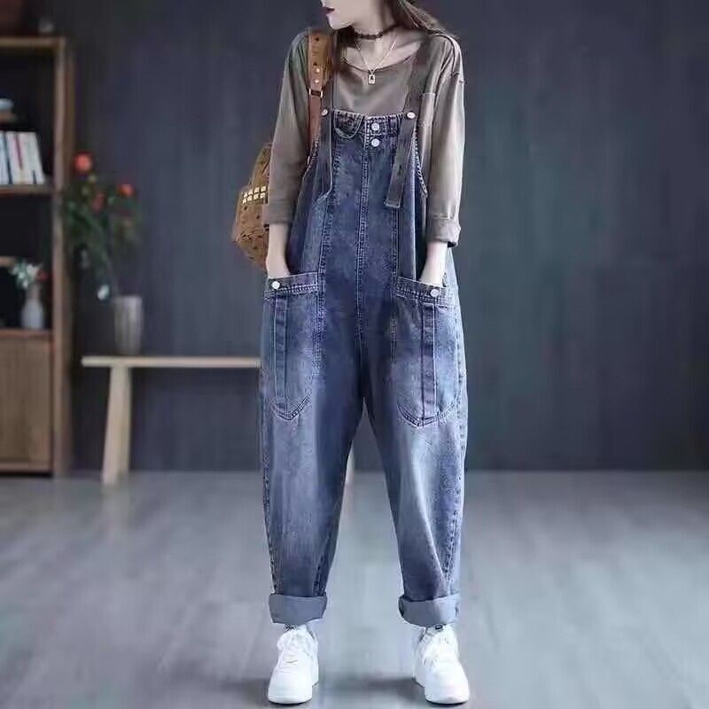 [Ready Stock for Quick Delivery] Jeans Overalls for Women Plus Size Fat mm Korean Style Loose Slimming Look Harem Casual Jeans