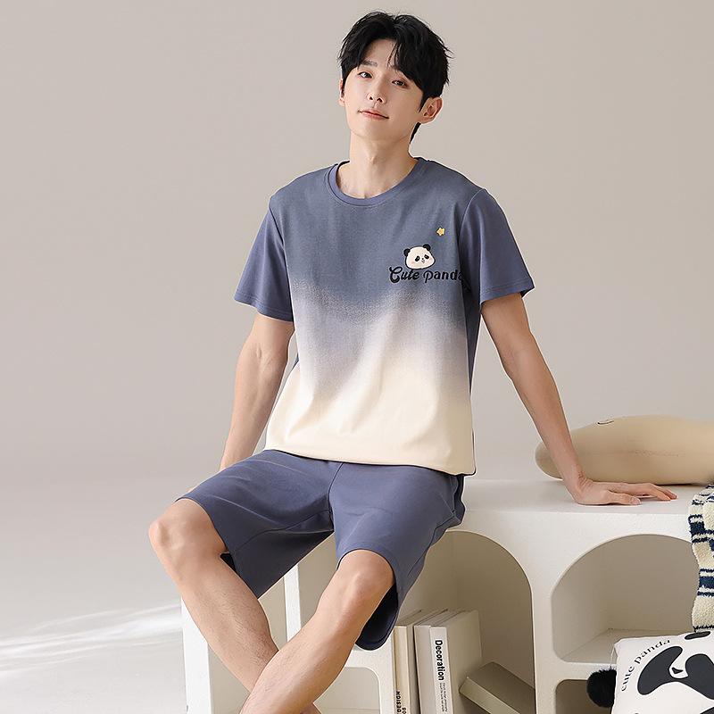 남성 잠옷 100% 면 여름 반팔 반바지 얇은 소년 캐주얼 홈웨어 학생 청소년 정장