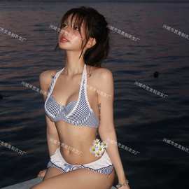 新款韩版ins纯欲性感条纹游泳衣女高级感小胸聚拢温泉泳装bikini