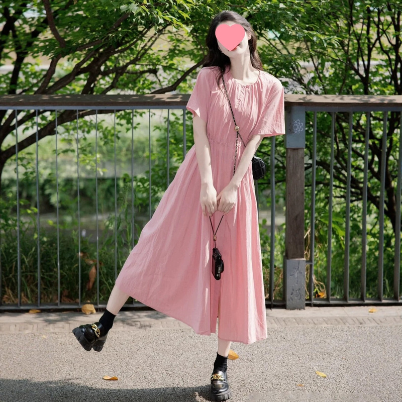 French-style gentle pink short-sleeved shirt dress for women, new summer model, high-end, loose, casual, and relaxed long dress French-style gentle pink short-sleeved shirt dress for women, new summer model, high-end, loose, casual, and relaxed long dress