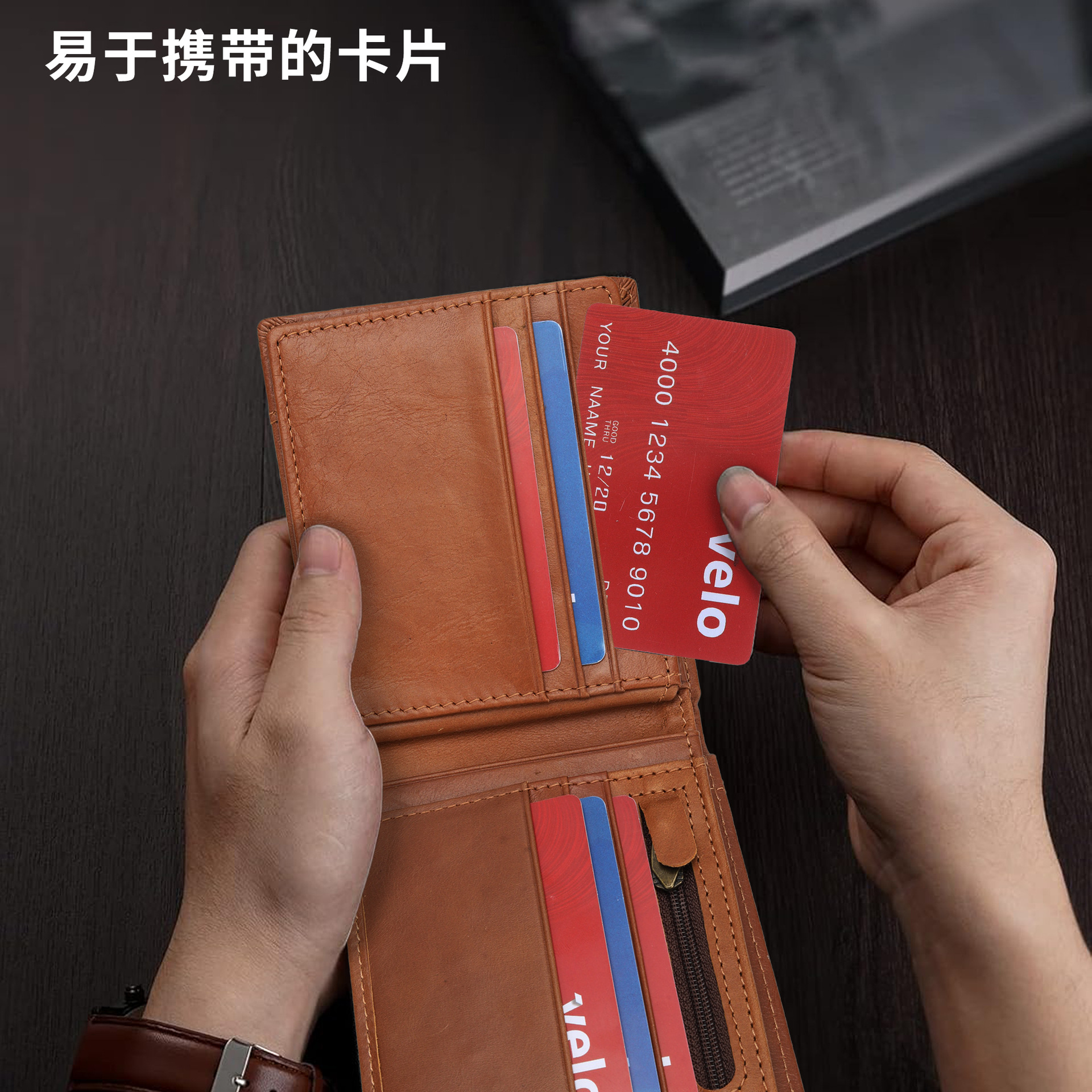 Cartera de ocio de negocios de Europa y los Estados Unidos, cartera de cuero real de tres plegados, cartera de cuero RFID antirrobo, cartera de cuero de vaca para hombres