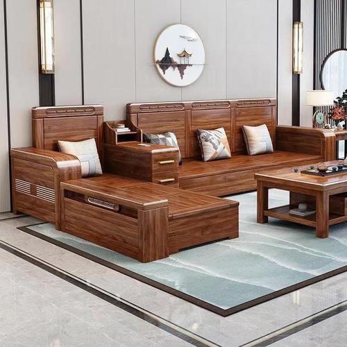 Gold Thread Walnut Wood Solid Sofa Set Modern Chinese Winter and Summer Dual-Purpose Living Room Washable Fabric Storage Sofa