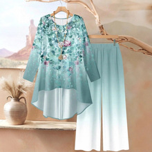 跨境外贾欧美 七分袖套装亚马逊 春秋季新款园领印花外套衬衫套装