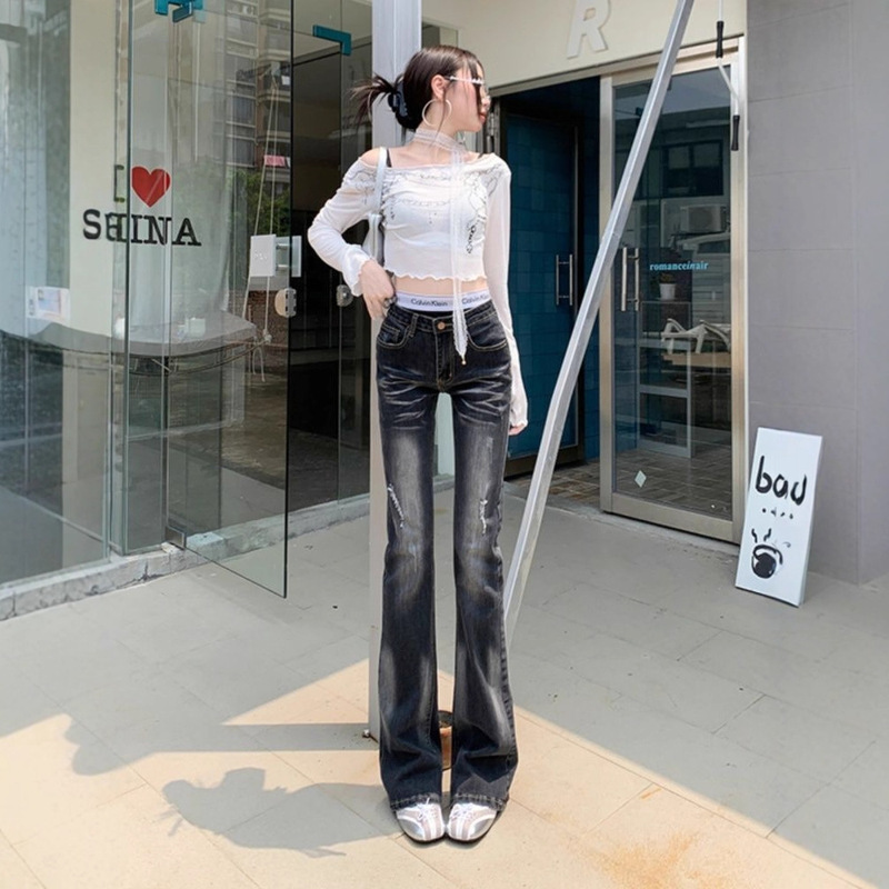 Petite Ripped Low-Rise Flared Jeans for Women 2025 Autumn and Winter New Retro Slim-Fit Bell-Bottom Floor-Length Pants