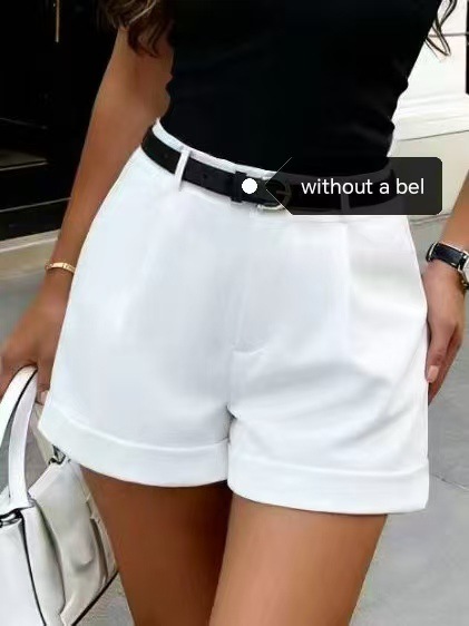 Modische, einfarbige Damen-Shorts für Frühling/Sommer – lässig, figurschmeichelnd, trendig und beliebt – hochgekrempelt, ohne Gürtel_voghion.com
