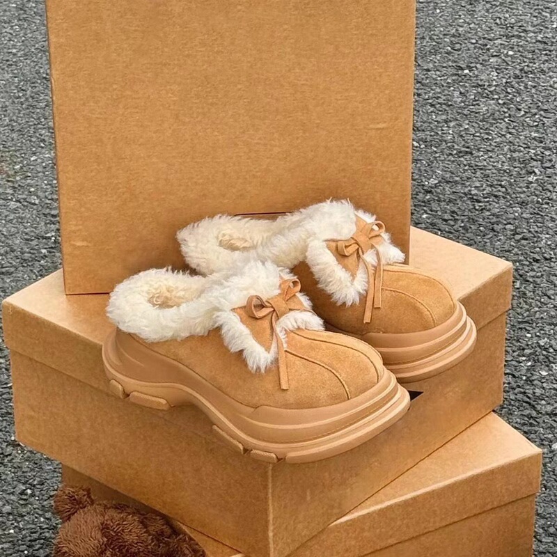 Fur Integrated Large-Toe Snow Boots for Women 2025 Winter New Style Fleece-Lined Thick-Soled Outer Wear Half-Flop Cotton Shoes Short Boots