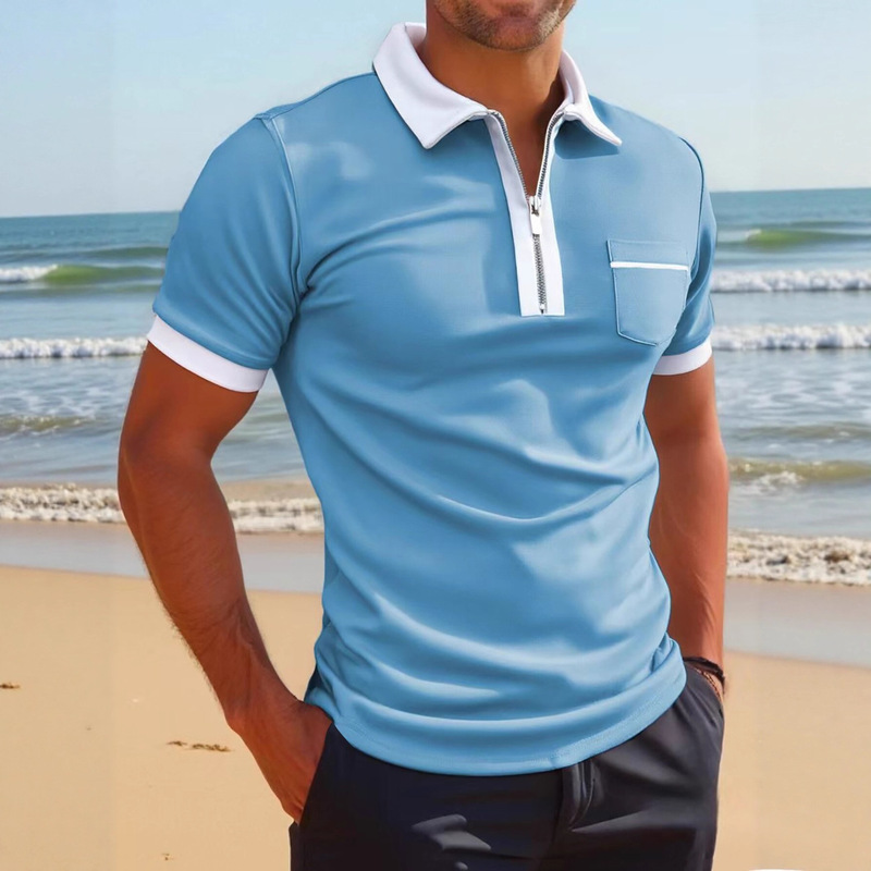 Cross-Border Independent Site Aliexpress European and American Men's New Fashion Slim Fit Polo Shirt with Pockets and Turn-Down Collar Short-Sleeve T-Shirt