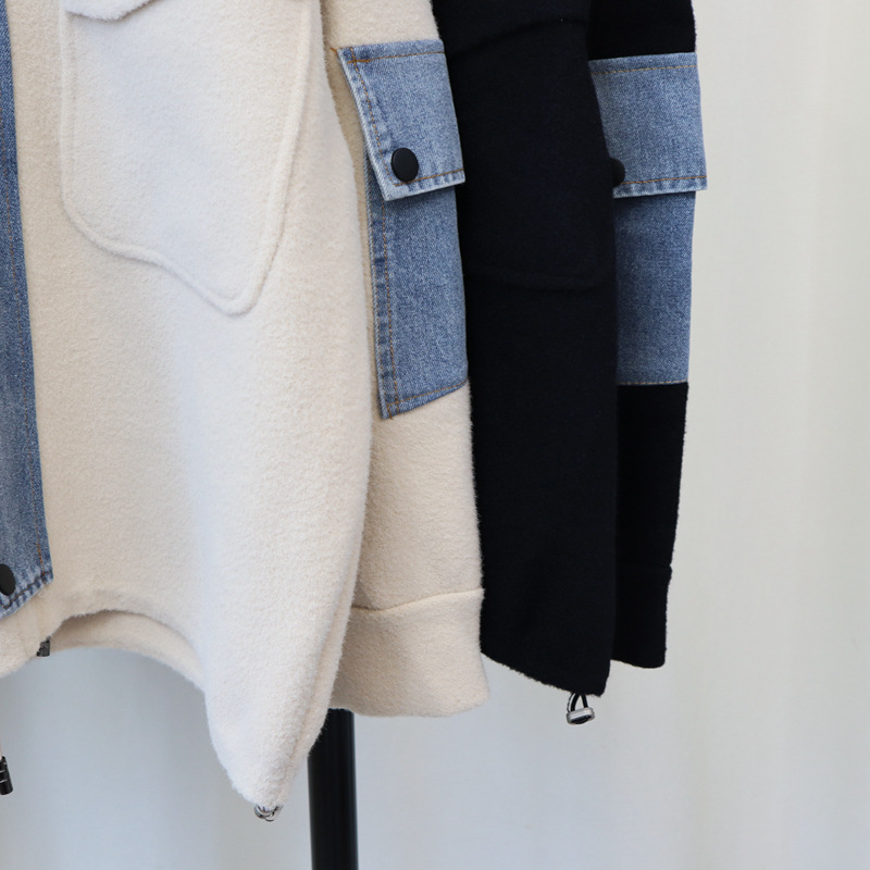 Women's Clothing new zipper denim splicing knitted double sided wool cardigan loose casual temperament sweater jacket_voghion.com