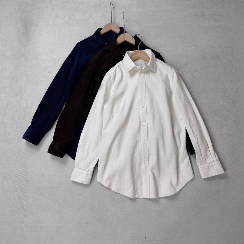 Women's Foreign Trade White Navy Blue Brown Lapel Cotton Embroidered Nanyou Style Corduroy Shirt