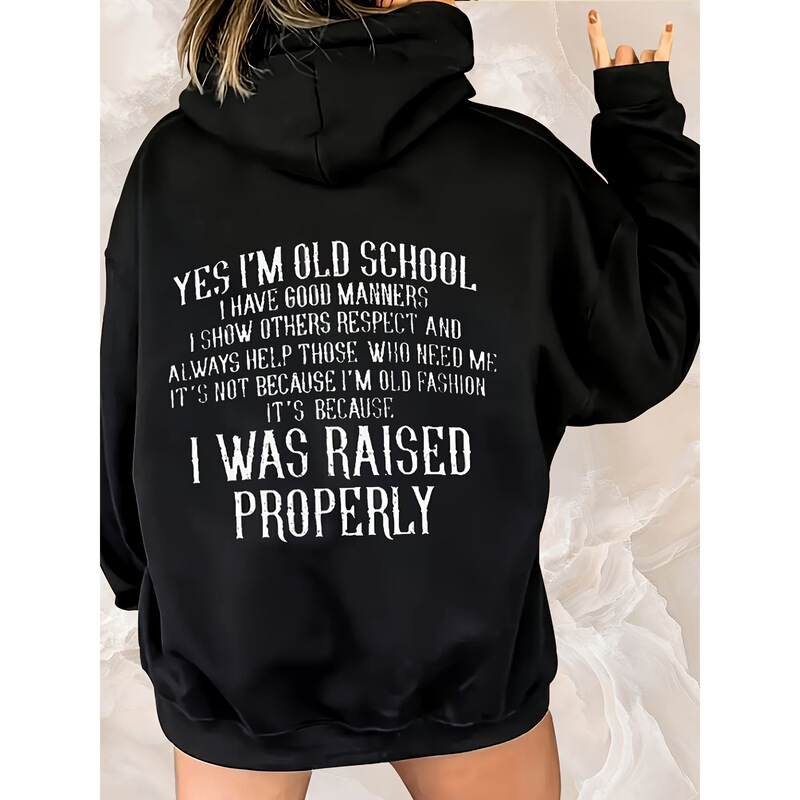 【European Size】Vintage Style Black Hoodie - with Inspirational Slogan Printed on the Back: "Respect and Help"