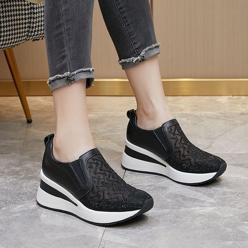 Fashionable Sports Flat Shoes with Hidden Heels, Breathable Mesh Women's Shoes, Women's Rhinestone Casual Loafers