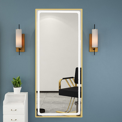 Barbería espejo salón de pelo especial montado en la pared espejo de un solo lado piso con luz inteligente espejo led