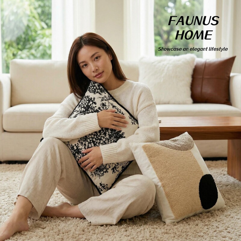 Nordic Ins Simple Cream Light Luxury Black and White Vintage Plush Pillow Rabbit Plush Sofa Cushion Pillowcase with Core