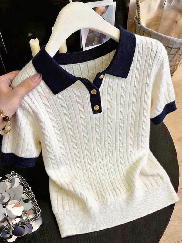 40-100kg Wearable Plus-Size Women's Clothing S-Xxxl, Stylish and Versatile, Color-Blocked Polo Collar, Cable Knit Short Sleeves