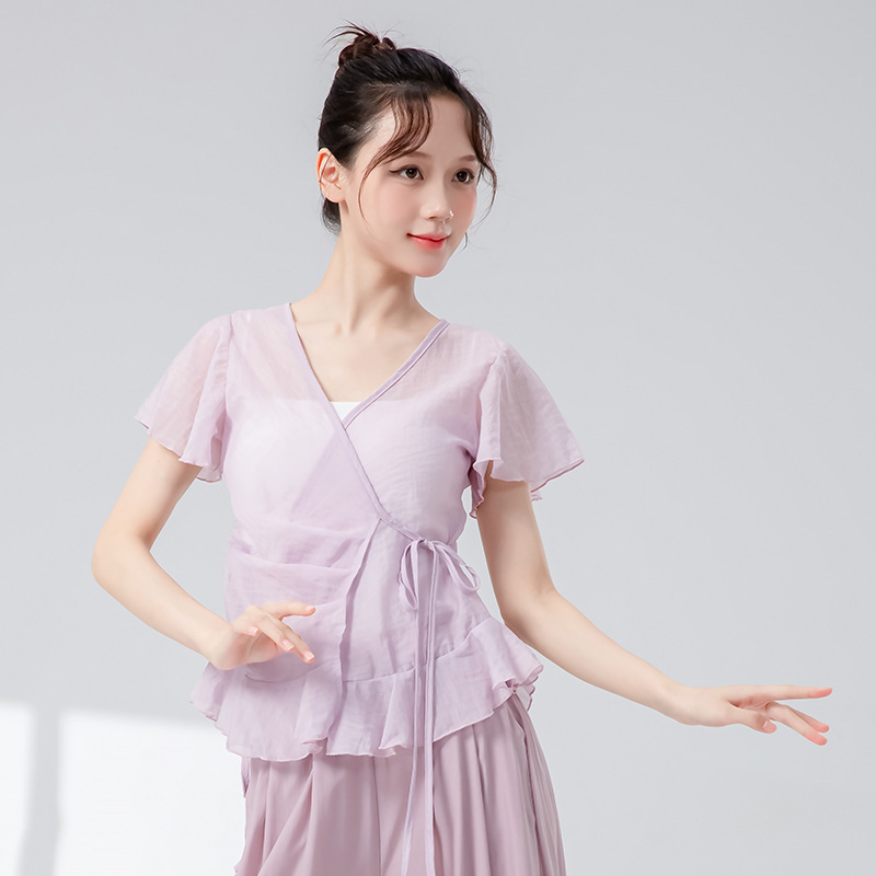 古典舞纱衣新款飞袖前捏褶系带上衣飘逸训练形体服练功舞蹈服上衣|undefined