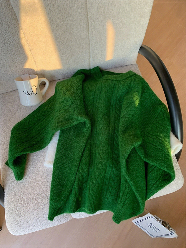 跨境十色入 超软糯舒服复古麻花辫简约纯色气质圆领套头针织毛衣|undefined
