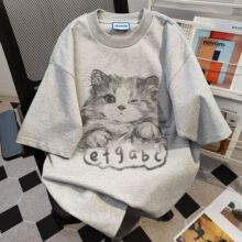 趣味猫咪涂鸦印花夏季短袖t恤女宽松慵懒休闲百搭圆领情侣装上衣