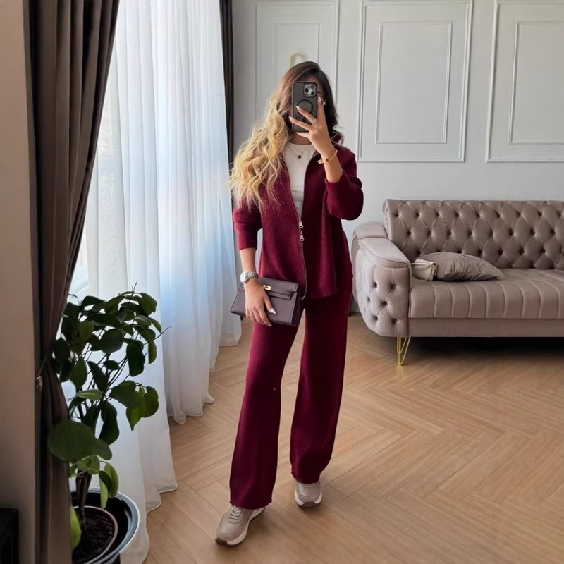 Cross-Border Autumn and Winter New Thickened European and American Style Knitted Suit Women's Zipper Sweater Cardigan + Wide-Leg Pants Two-Piece Set Cross-Border Autumn and Winter New Thickened European and American Style Knitted Suit Women's Zipper Sweater Cardigan + Wide-Leg Pants Two-Piece Set