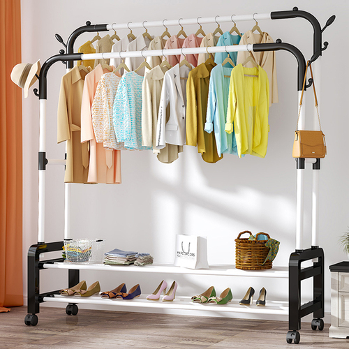 Simple clothes rack, indoor standing double rod hanger, home wardrobe, bedroom, balcony clothing drying rack, ginger tea