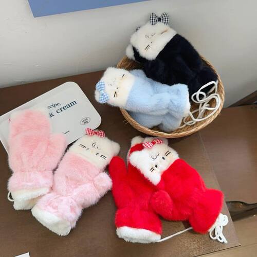 Adorable Cat Pattern Gloves for Women - 2025 New Winter Model, Student Outdoor Cycling Windproof, Coldproof, Warmth-retaining Fully Fleece Gloves