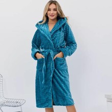 秋冬季纯色坑条连帽系带浴袍法兰绒高级感休闲口袋长袖睡袍家居服