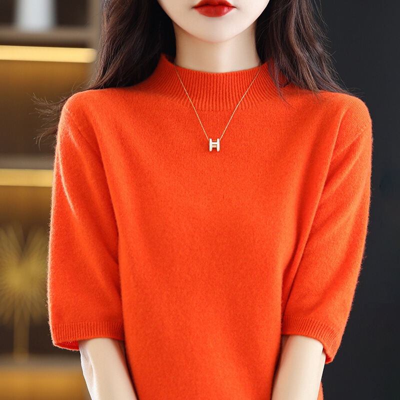 100 Full Wool Sweater Women's Half-turtleneck Cashmere Short-sleeved T-shirt Loose Slimming All-match Knitted Half-sleeved Top in stock