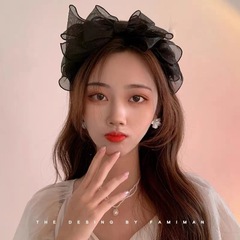 French-style vintage black layered mesh oversized bow headband, hair accessory with ruffled trim—trendy Japanese-Korean design