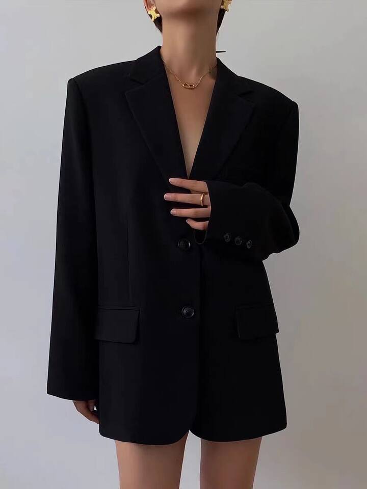 Áo blazer nữ dáng suông cổ vest hai nút tay dài phong cách Hàn Quốc — Màu đen [mẫu chất lượng cao], Nâu, màu xanh đậm, màu xám đậm chi tiết 2