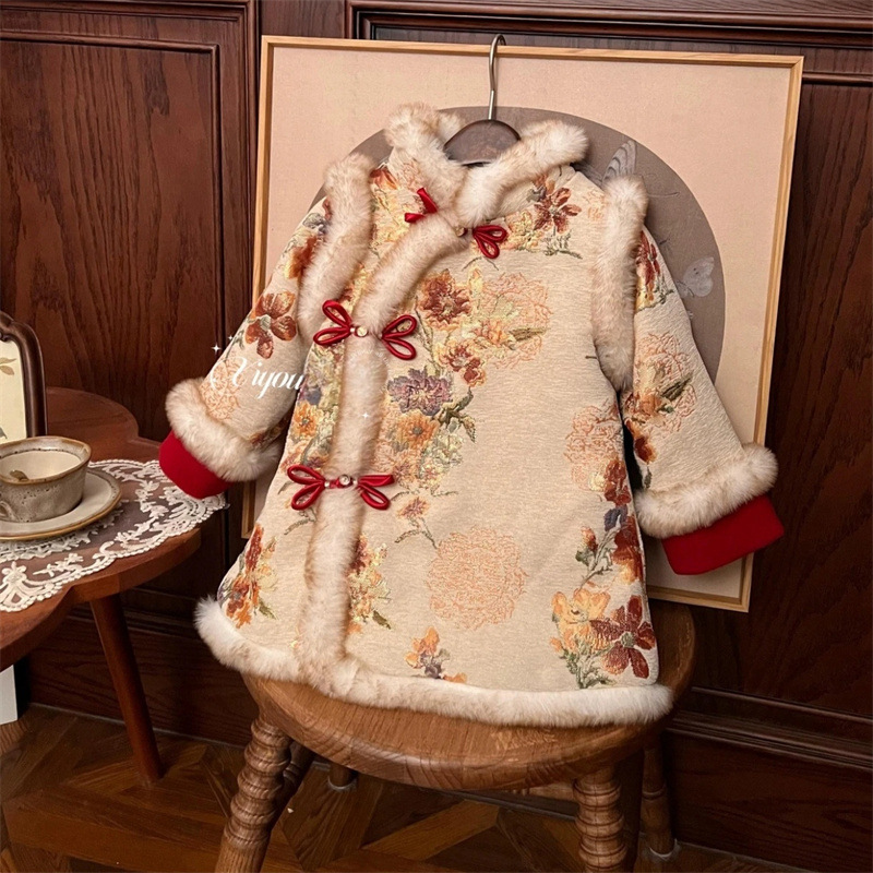 Invierno de 2025 Peonia Redonda Estrella de Niñas Nuevo brocado chino flores estilo nacional engrosado vestido de Año Nuevo moda