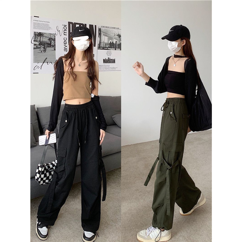 Vintage Army Green Casual Pants Women's Spring and Autumn Thin High Waist Loose Straight Leg Pants Slim Look Tight Tooling Trendy Pants Vintage Army Green Casual Pants Women's Spring and Autumn Thin High Waist Loose Straight Leg Pants Slim Look Tight Tooling Trendy Pants