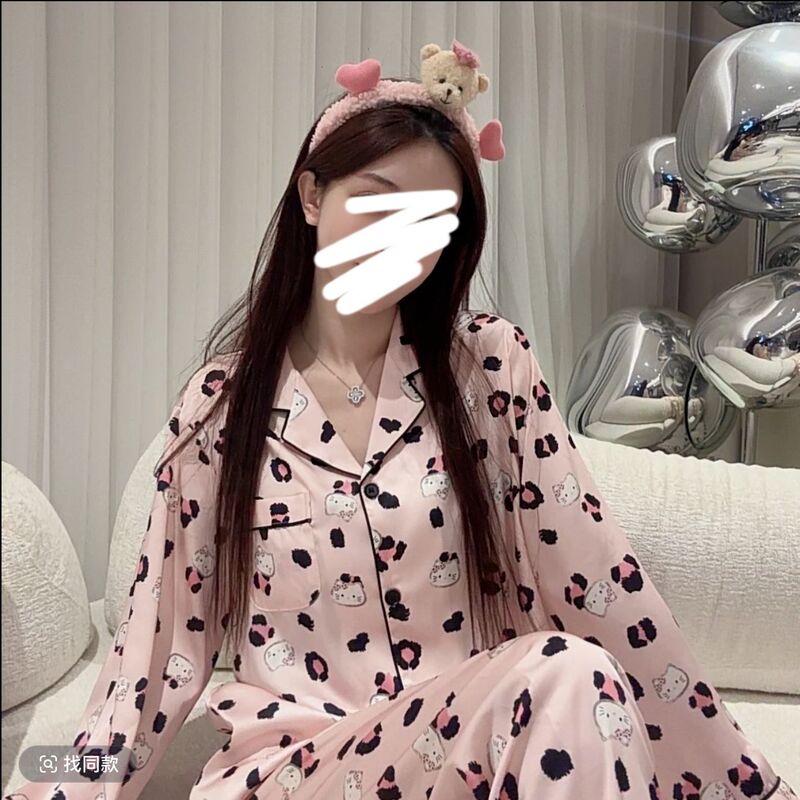 Tiktok Trending Spring and Summer Ice Silk Pajamas Cute Leopard Print Cartoon Cat Girl Pink Long-Sleeve Long Pants Internet Celebrity Loungewear