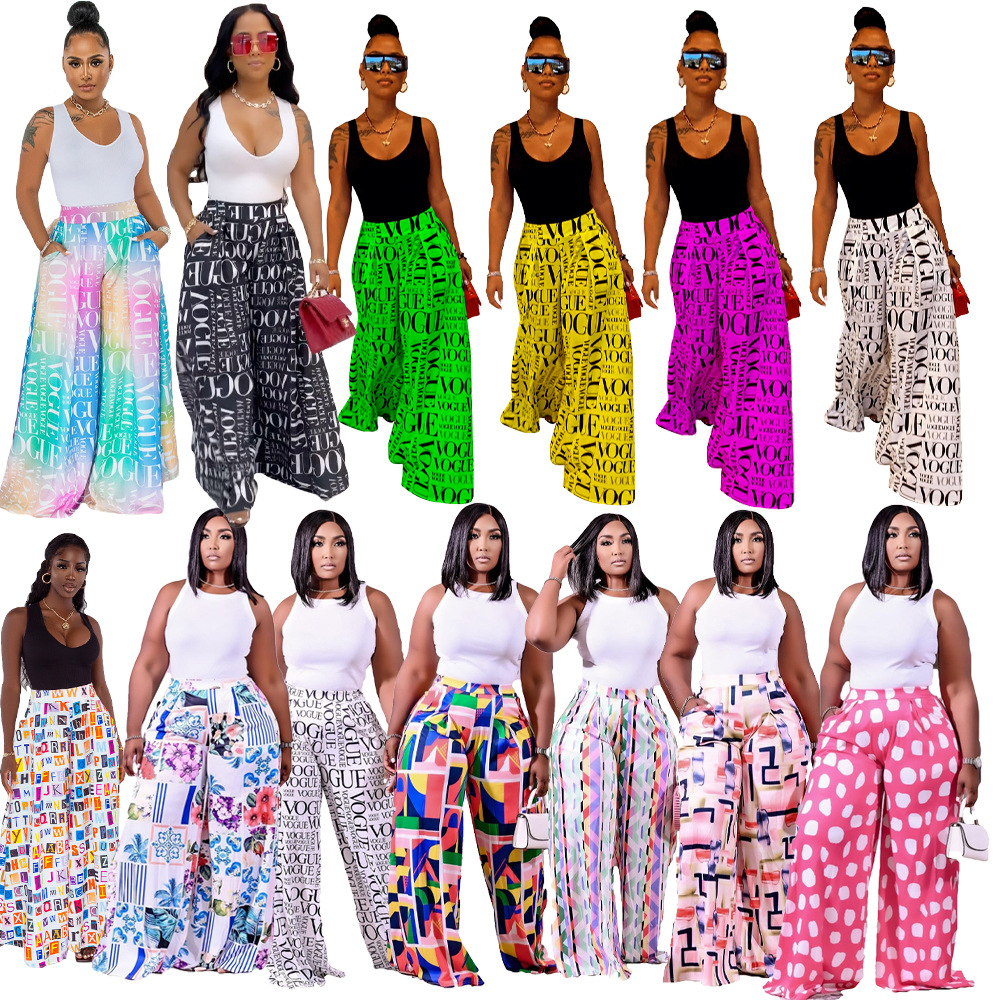 Women's printed casual letters wide-leg culottes with pockets