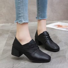 粗跟英伦风小皮鞋女2025秋季新款方头复古学院风系带学生中跟单鞋