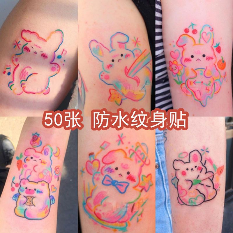 Ins Style Colorfulful Cartoon Small Pattern Girly Cute Childlike Tattoo Stickers for Women and Men Realistic Lines Long-Lasting Waterproof