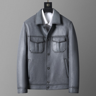 23037 spring and autumn Haining Leather coat men's lapel sheepskin jacket workwear commuter youth motorcycle leather coat