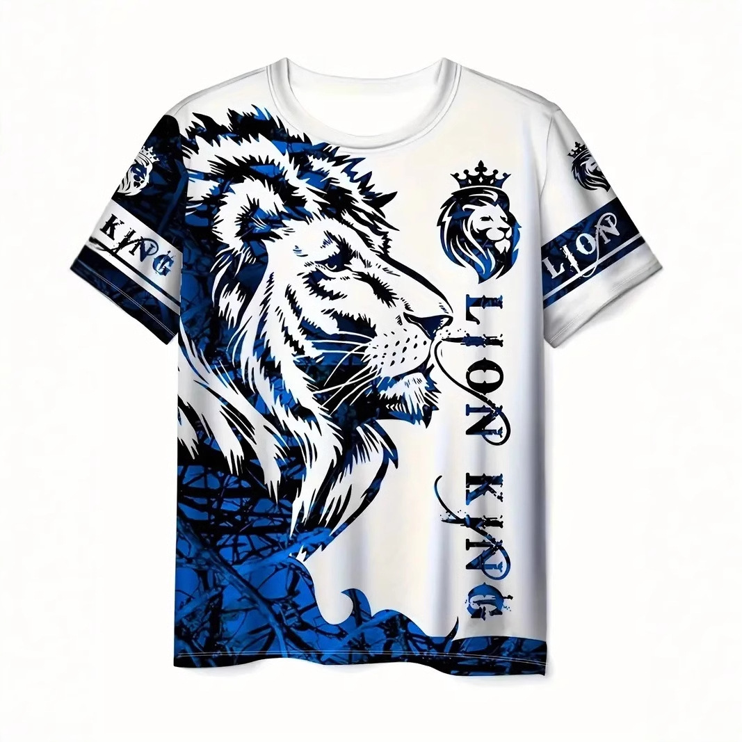 Moda todo fósforo colorido león KING lema estampado 3D hombre suelto transpirable manga corta hombro recto cuello redondo camiseta