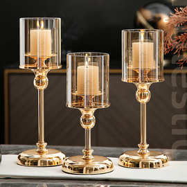 欧式金属玻璃烛台摆件轻奢中西餐桌样板间家用浪漫烛光晚餐装饰品