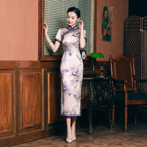 Old shanghai Chinese Dresses flowers oriental qipao for women mulberry silk real silk elegant fashion runway daily long young mother cheongsam restoring ancient ways