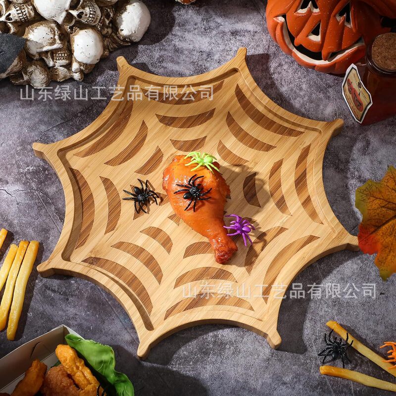 Halloween Wooden Spider Web Tray Gothic Party Decorative Dinner Plate Wooden Bread Snack Deli Upper Dinner Plate